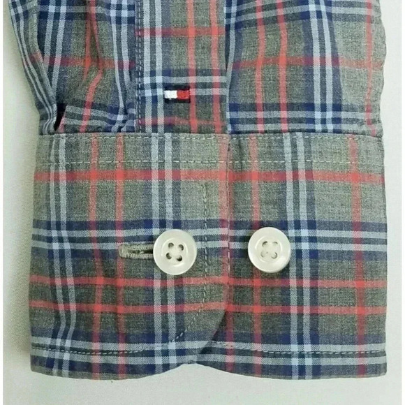 Tommy Hilfiger Custom Fit Melange Size Medium Mens Gray Red Blue Check Cuff Logo - Picture 6 of 11
